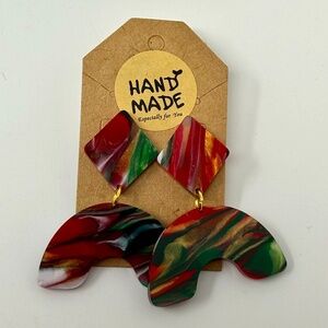 Handmade Acrylic Dangle Drop Post Earrings Rhombus Half Circle Red Green Gold